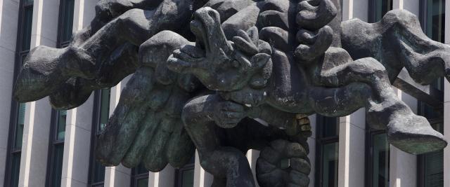 The statue of Pegasus outside Jerome Greene Hall