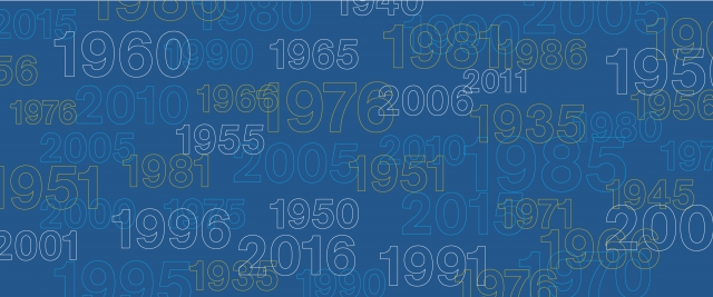 A number of different graduating years from the 20th and 21st century on a blue background