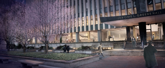 Rendering of the exterior of the library at night