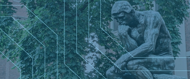 Statue of the Thinker overlaid with blue filter