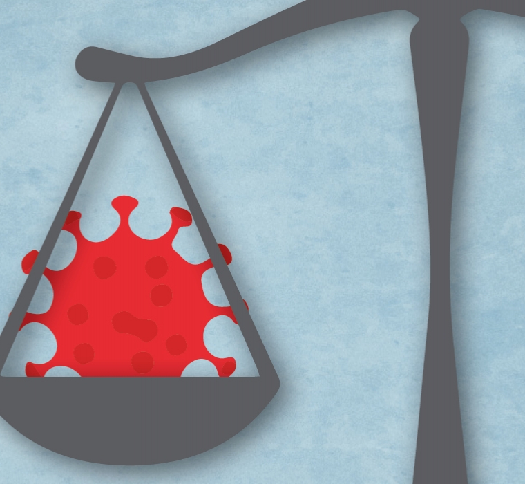 Illustration of scales holding a red coronavirus.