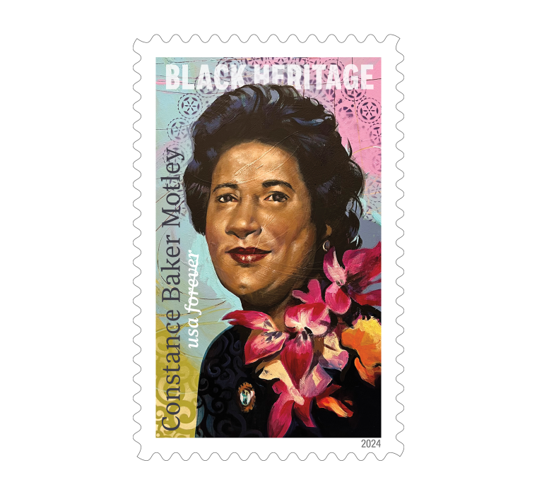A U.S. Postal Service Forever stamp featuring Constance Baker Motley