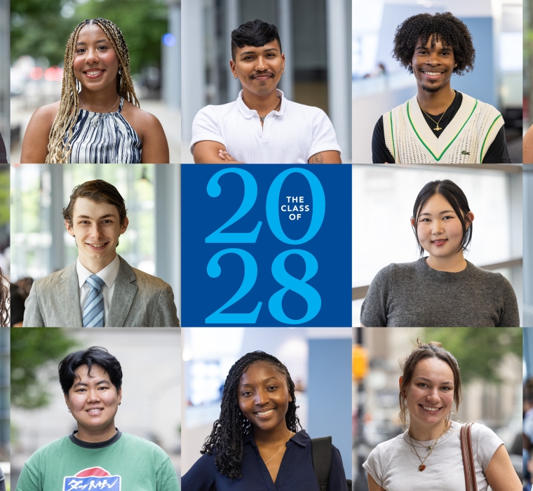 Composite of headshots of 14 members of the Class of 2028 with text that reads The Class of 2028