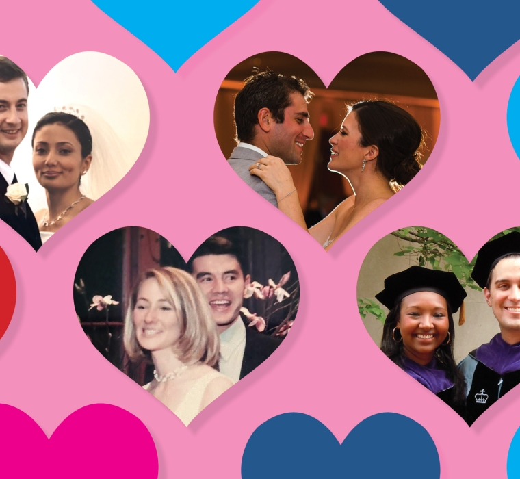 Photos of four male-female couples inset in heart shamed "frames" on pink bacground