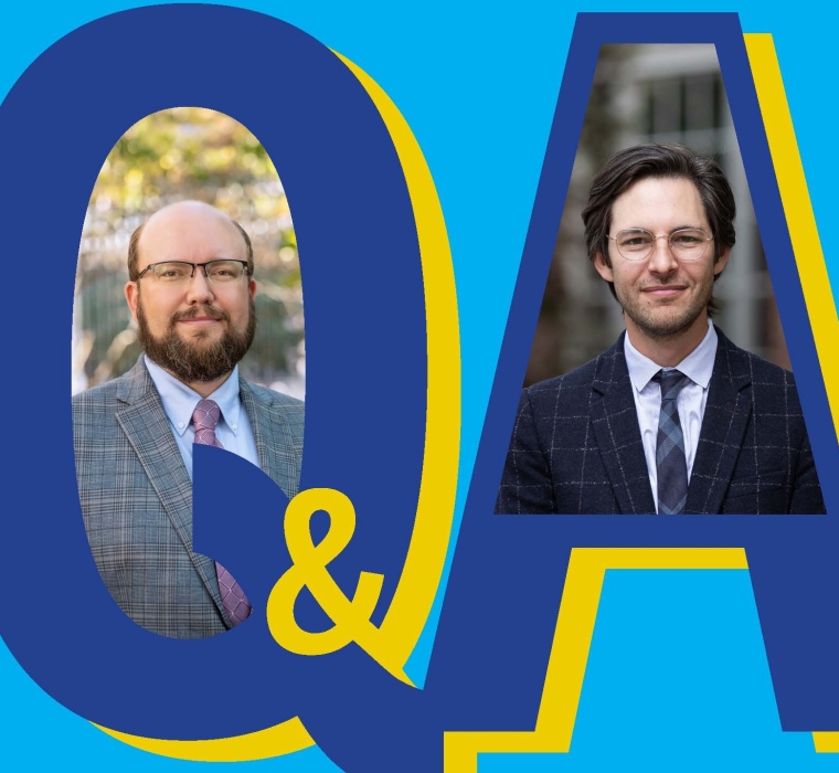 Graphic of letters Q & A with photos of two men in ties superimposed