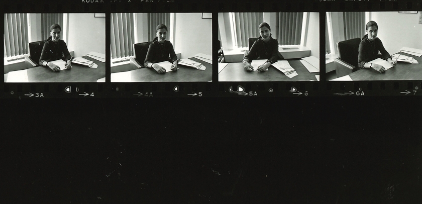 Ruth Bader Ginsburg sits at her desk as a professor in the 1970s.