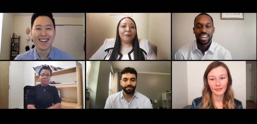 Images of six students in a grid (from top left): Justin Yun CC ʼ14, LAW ’20; Mari Hulbutta CC ’14, LAW ’20; Caleb King ’20; Bamisope Adeyanju ’20, LL.M.; Mo’taz Arshied ’20, LL.M.; and Ellie Dupler ’20.