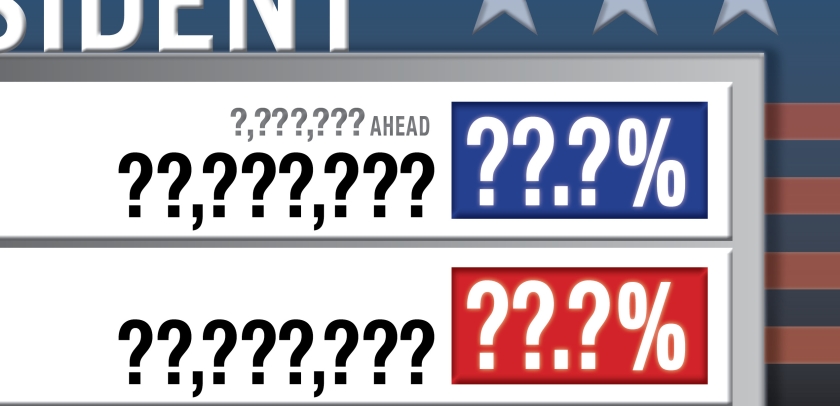 Election night vote-count graphic with question marks instead of numbers