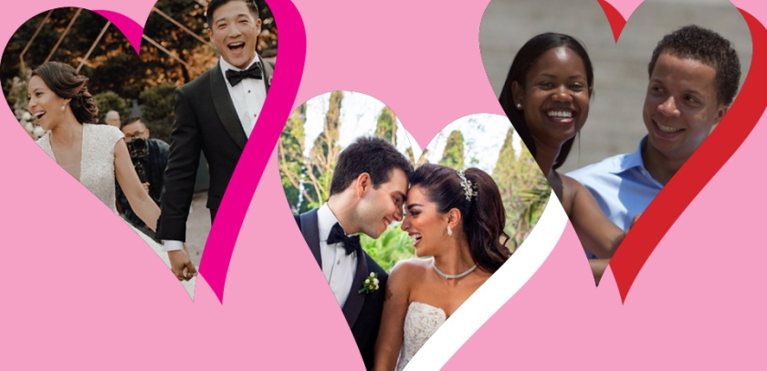 Three photos of couples in heart shaped frames on pink background