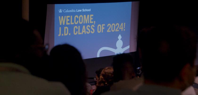 An audience facing a slide that reads: Welcome, J.D. Class of 2024!