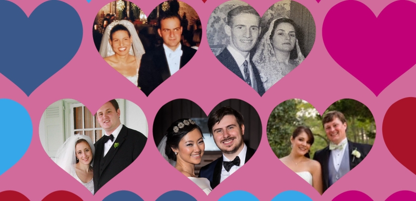 Pictures of five couples on colorful hearts background