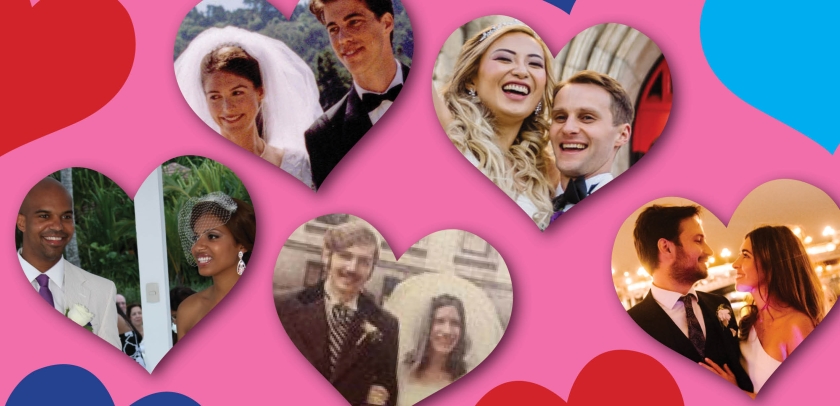 Five heart-shaped photos of five heterosexual couples