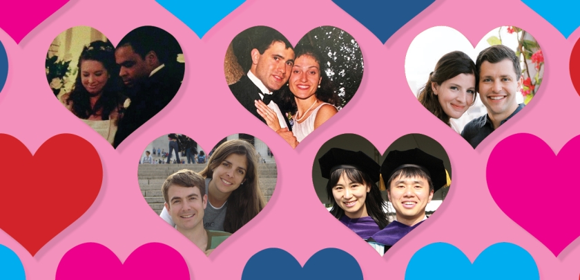 Photos of five couples surrounded by hearts