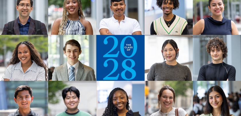 Composite of headshots of 14 members of the Class of 2028 with text that reads The Class of 2028