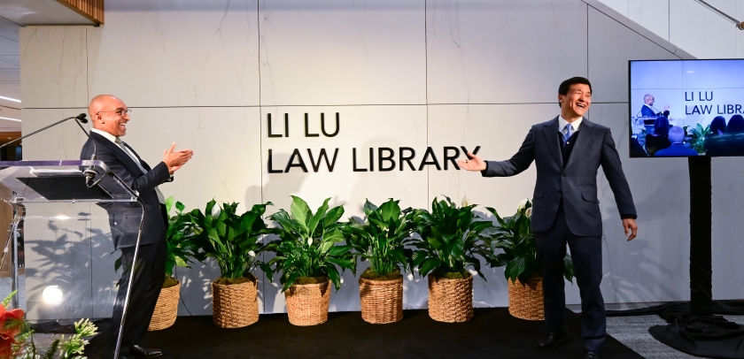 Li Lu and Dean Abebe Law Library Opening Signage