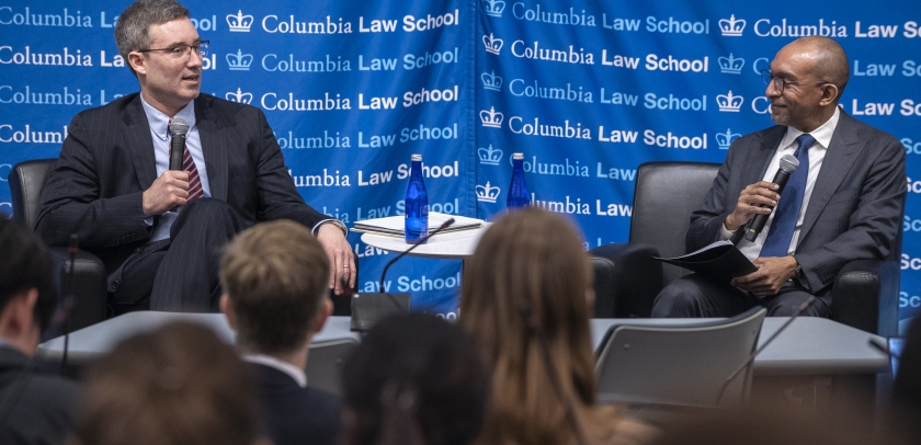 Judge Brian E. Murphy (left) in conversation with Dean Daniel Abebe (right)