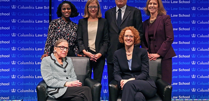 (First row) Justice Ginsburg and Dean Gillian Lester; (second row) Professor Olatunde Johnson, Professor Gillian Metzger, Lee Gelernt ’88, and Nancy Northup ’88 