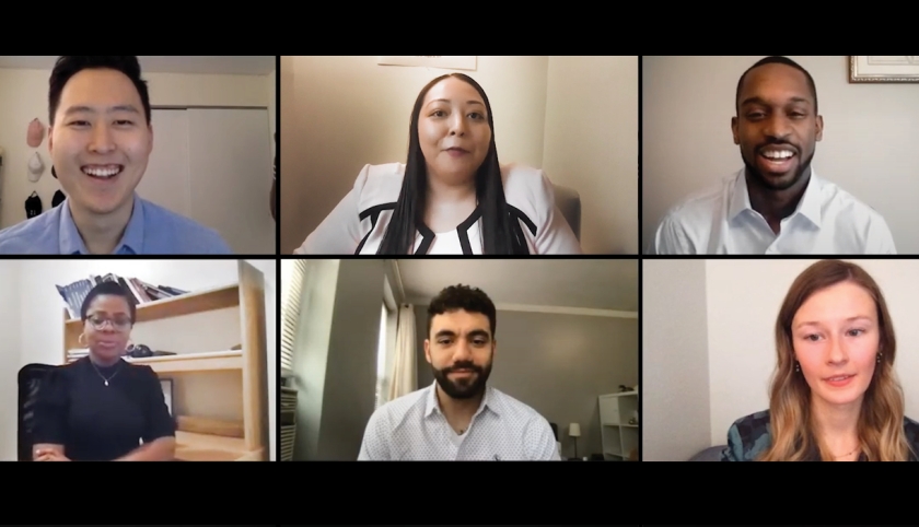 Images of six students in a grid (from top left): Justin Yun CC ʼ14, LAW ’20; Mari Hulbutta CC ’14, LAW ’20; Caleb King ’20; Bamisope Adeyanju ’20, LL.M.; Mo’taz Arshied ’20, LL.M.; and Ellie Dupler ’20.