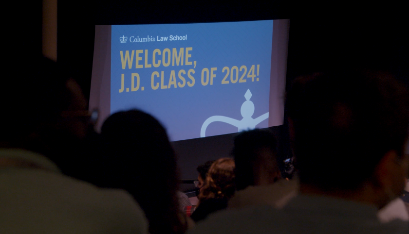 An audience facing a slide that reads: Welcome, J.D. Class of 2024!
