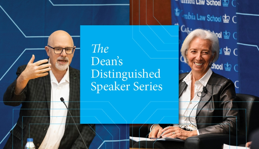 Tom Ginsburg, left, and Christine Lagarde, right, with the logo for The Dean's Distinguished Speaker Series between them in bright blue