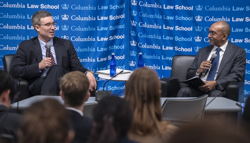 Judge Brian E. Murphy (left) in conversation with Dean Daniel Abebe (right)