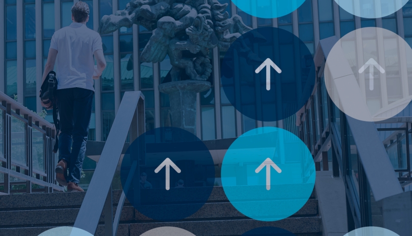 Graphic of arrows inside of circles overlayed on a picture of the exterior of the Law School