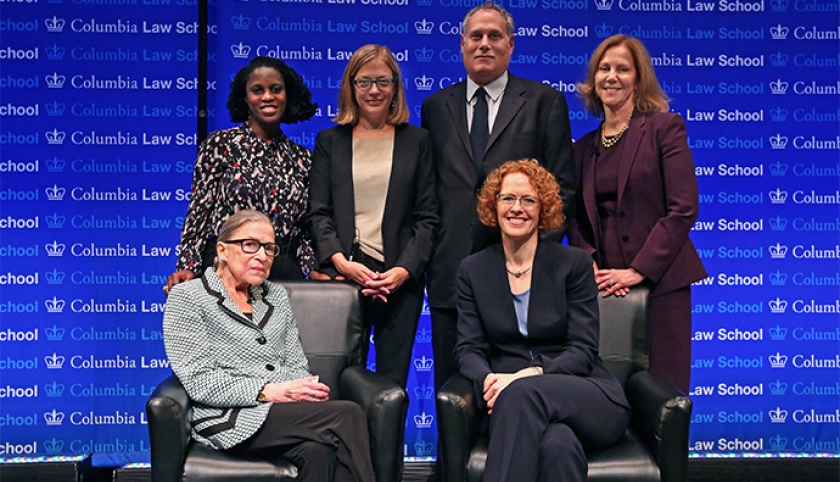(First row) Justice Ginsburg and Dean Gillian Lester; (second row) Professor Olatunde Johnson, Professor Gillian Metzger, Lee Gelernt ’88, and Nancy Northup ’88 