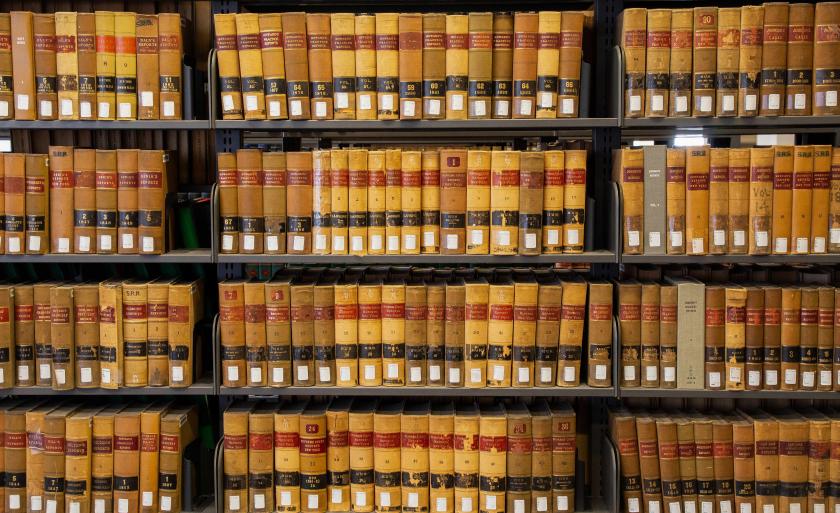 Row of law reporter books in the library