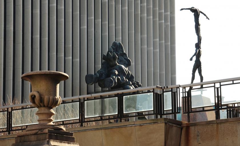 Sculptures outside of Jerome Greene Hall