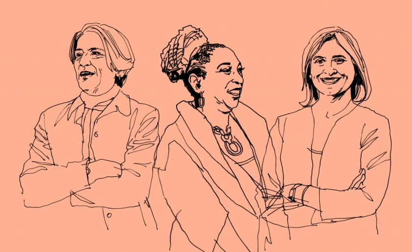 A line drawing of professors Elizabeth Scott, Kimberlé Crenshaw, and Colleen Shanahan