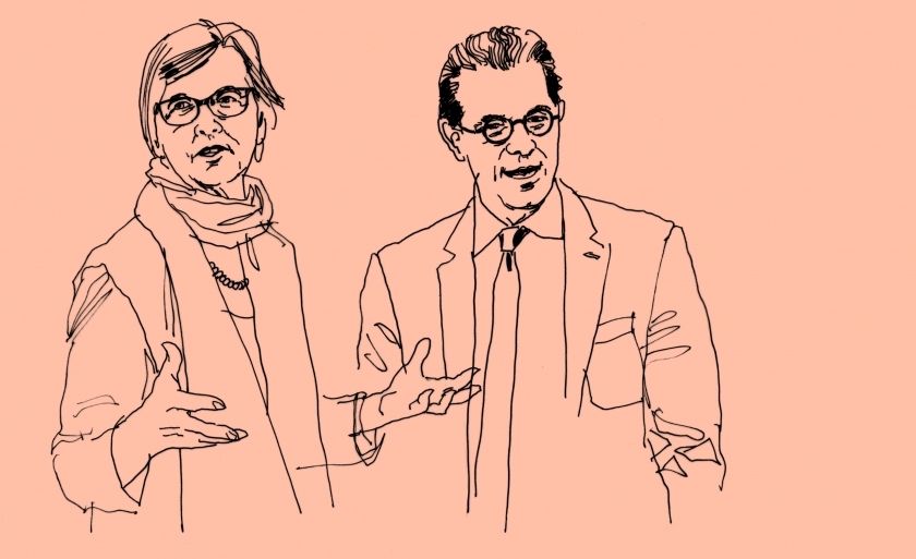 A line drawing of professors Brett Dignam and Bernard Harcourt