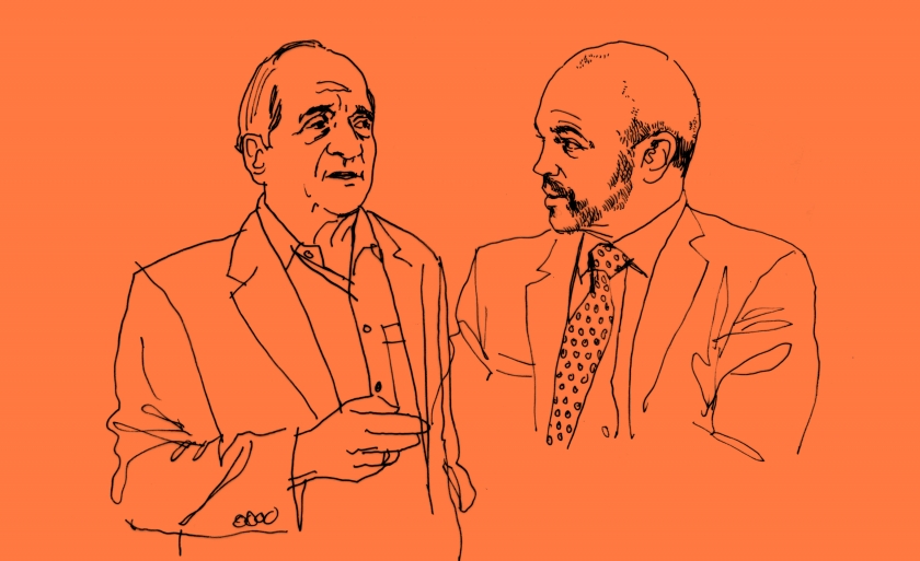A line art drawing of Professors Jeffrey Fagan and Justin McCrary