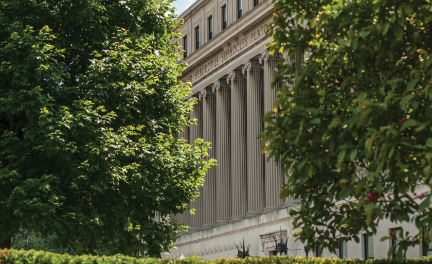 Ionic columns and trees in front of Butler Library