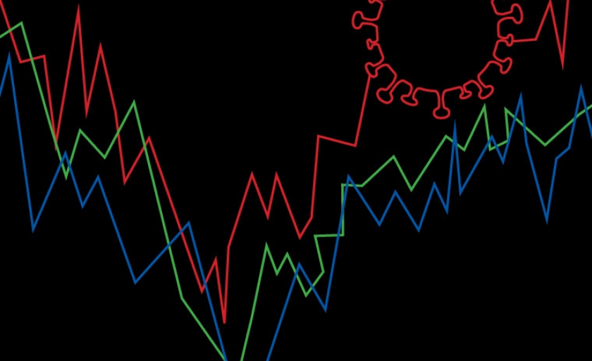 A graph showing a descending and then ascending line features the silhouette of a coronavirus.