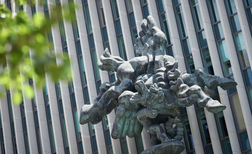 Bellerophon Taming Pegasus sculpture in front of Jerome Greene Hall