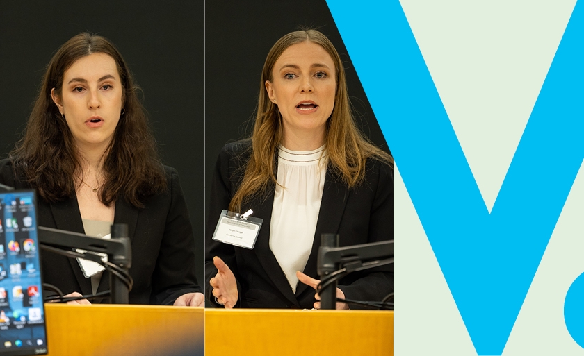 Julia Konstantinovsky ’24 and Abigail Flanigan ’23 speaking at podiums
