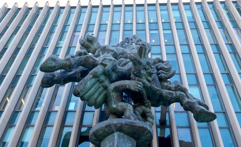 A view from below of the statue of Pegasus in front of Jerome Greene Hall
