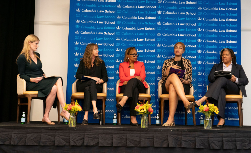 Speakers on stage during the Beyond the Ballot panel. From left to right, Alexandra Givens, Gretchen Borchelt, Judith Browne Dianis, Andrea McChristian, and Cynthia Quarterman.