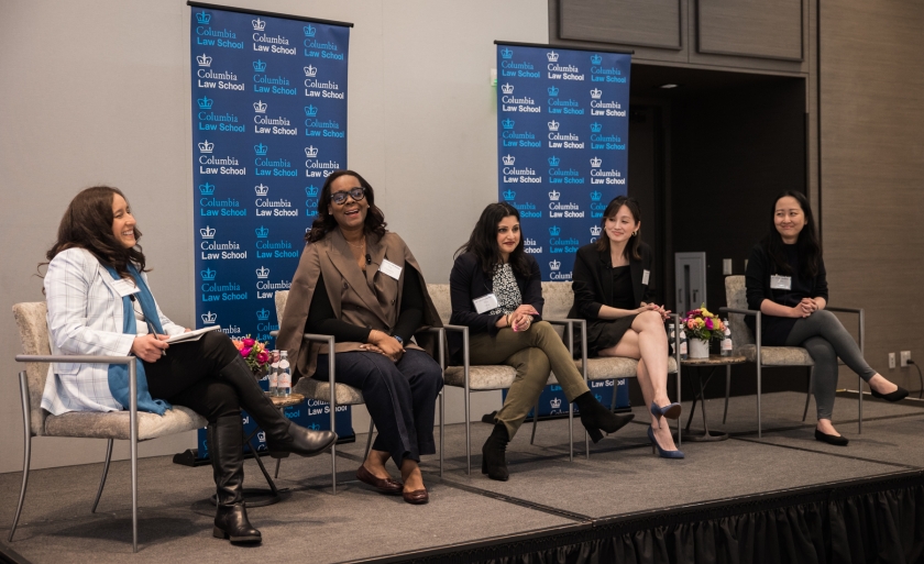 Shot of speakers that participated in the AI and the Legal Discussion panel. From left to right, Michelle Ontiveros Gross, Nia Castelly, Ritu Ghai, Leah Ko, and Lucy Chen.