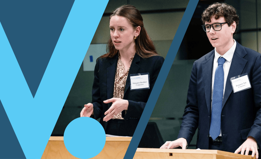Image of Margaret Broihier and Benjamin Tutt presenting arguments at the HFS Moot Court semifinals.