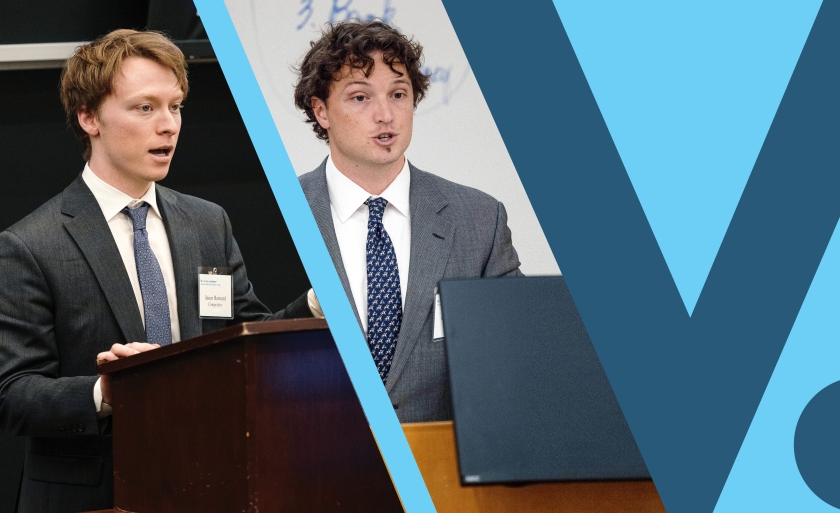 Jason Harward and Coley Hungate present arguments at the HFS Moot Court semifinals.