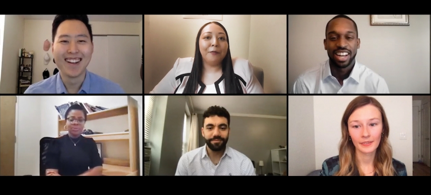 Images of six students in a grid (from top left): Justin Yun CC ʼ14, LAW ’20; Mari Hulbutta CC ’14, LAW ’20; Caleb King ’20; Bamisope Adeyanju ’20, LL.M.; Mo’taz Arshied ’20, LL.M.; and Ellie Dupler ’20.