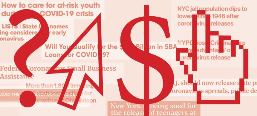 Graphic showing question mark, arrow, dollar sign, pointing finger over headlines about helping people affected by COVID-19