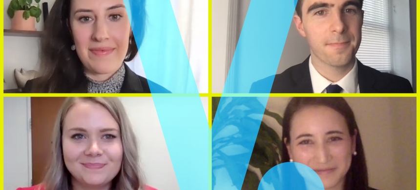2021 Harlan Fiske Stone Moot Court Competitors on Zoom with a blue V superimposed
