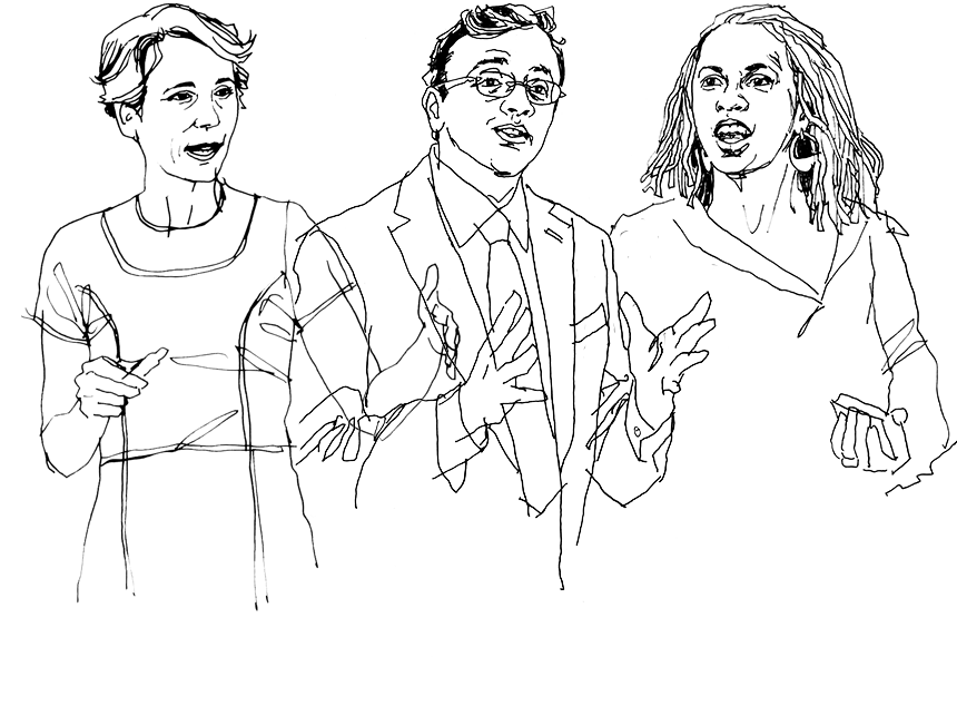Line drawing of professors Huntington, Balganesh, and Johnson