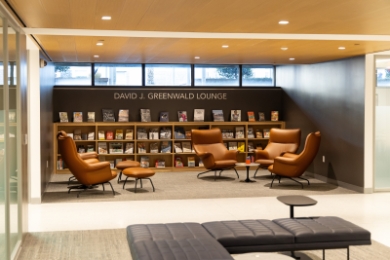 Chairs and books in front of sign that says David J. Greenwald Lounge 
