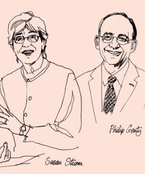 Line art drawing of professors Susan Sturm and Philip Genty