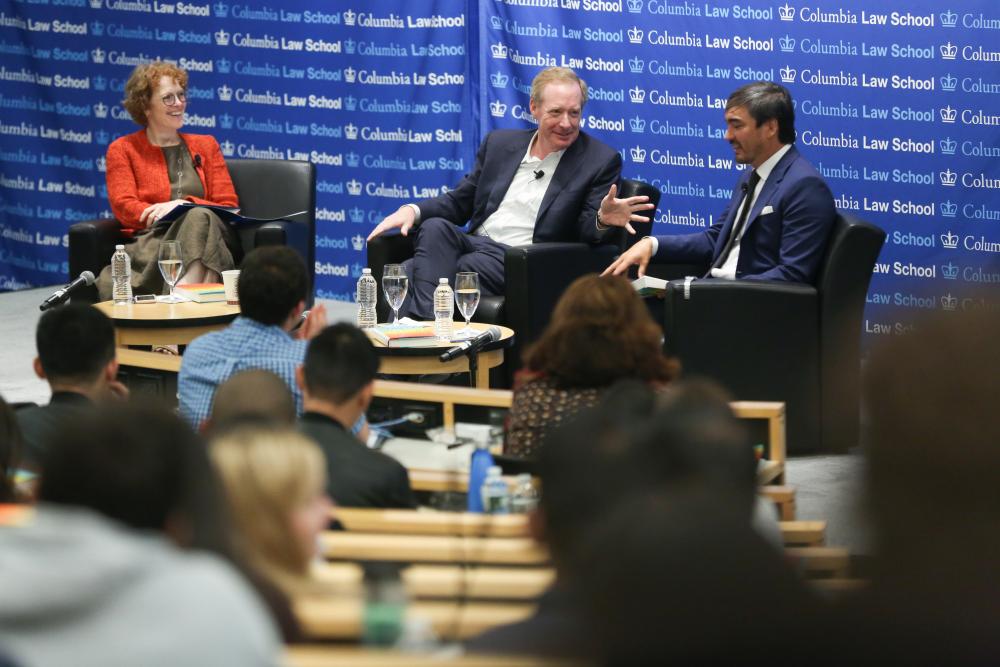 Dean Gillian Lester, Microsoft President Brad Smith '84, and Professor Tim Wu discuss Smith's new book on October 1 at the Law School, as part of the Dean's Distinguished Lecture Series.