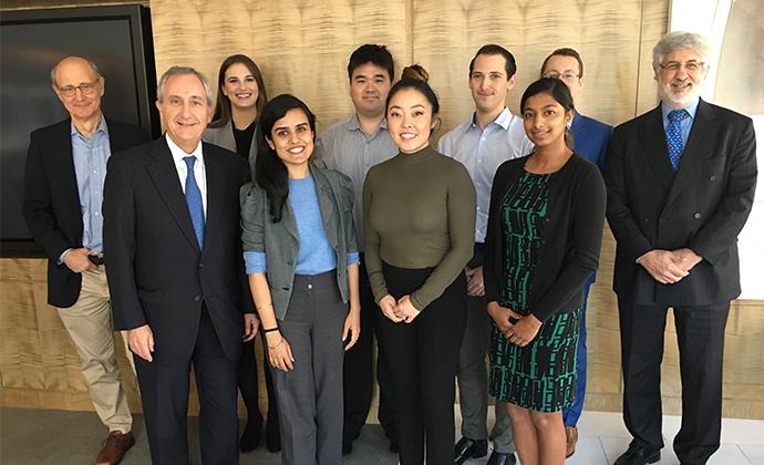 Baker McKenzie partner Clyde (“Skip”) Rankin ’75 (second from left, first row) hosted a luncheon at the firm’s New York office on Nov. 1 for Meher Dev ’19 LL.M. (fourth from left, first row), the 2018 recipient of the Baker McKenzie scholarship. They were joined by Rankin's colleagues: (left to right, second row) Charles Cummings, Gia Wakil, David Kang, Andrew Cohen, Joseph Folds ’18, Michael Jaffe, (left to right, first row) Kelsey Muraoka, and Kavya Rajasekar.
