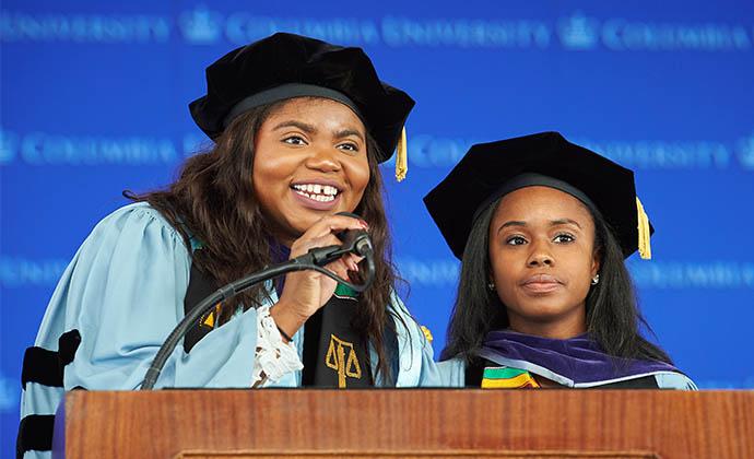 the ceremony commenced with a welcome from Graduation Committee Co-Chairs Mica Rollock ’18 and Patricia Okonta ’18